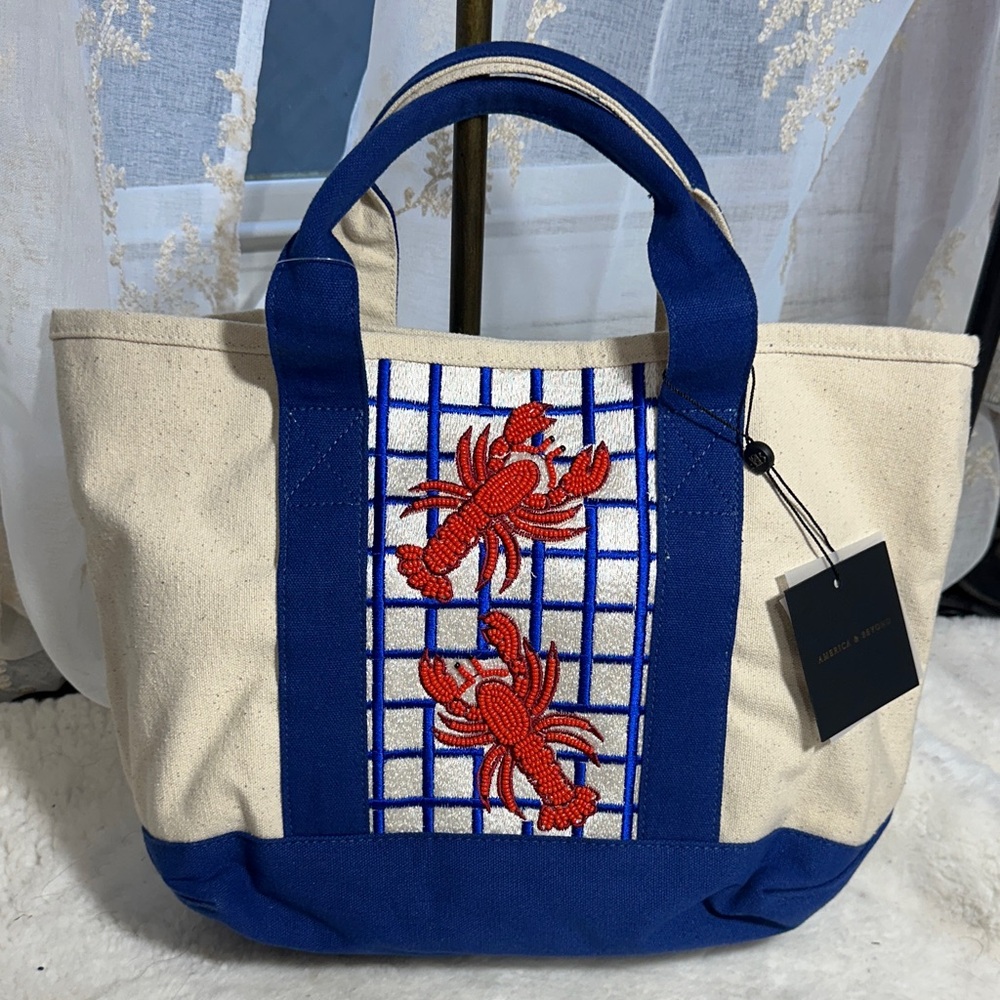 America & Beyond canvas blue and tan beaded Lobster mini tote bag